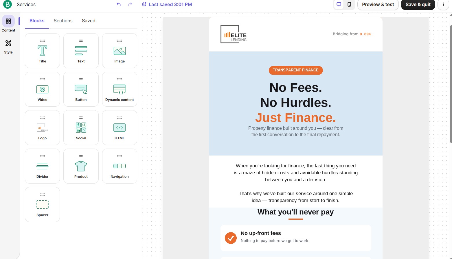 Elite Lending services page design